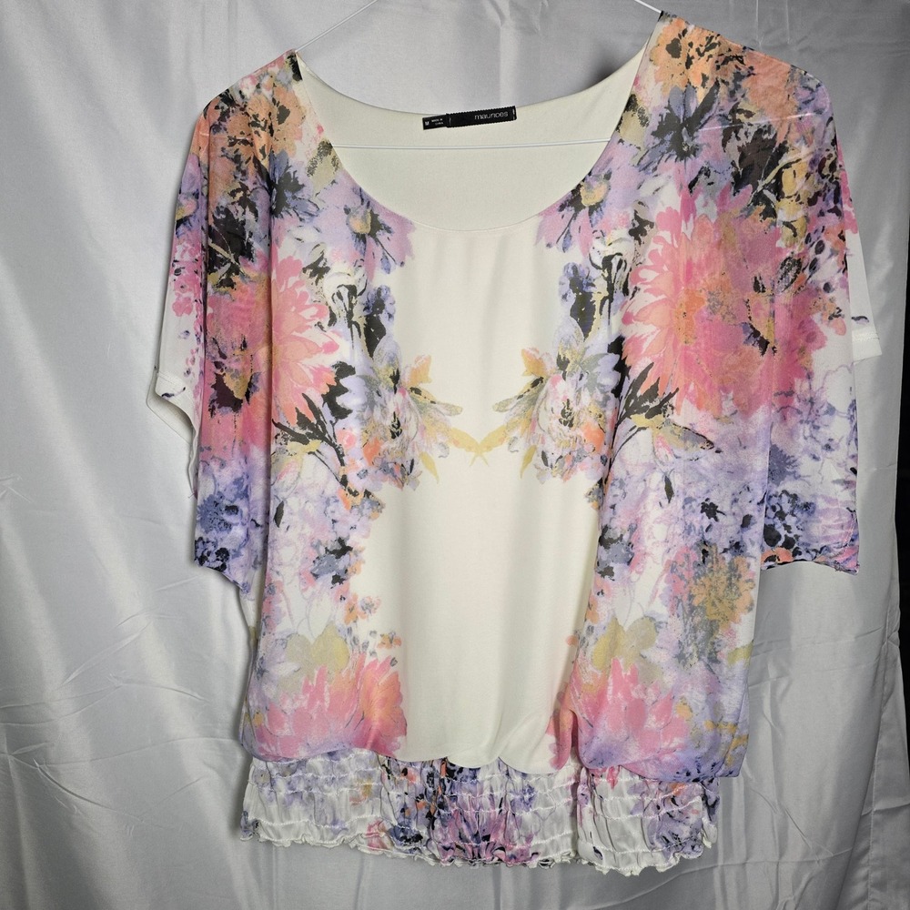 Maurices Womens Floral Smocked Hem Blouson Blouse Pink Purple White Size M